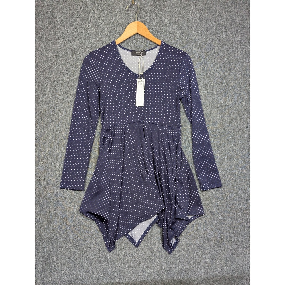 Made by Johnny Navy Polka Dot Handkerchief Hem Tunic Top V-Neck Small WT1316